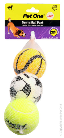 Dog Toy Tennis Ball 3pack with Print 6.35cm Dia A grade