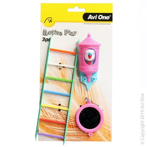 Bird Toy 3pc Multi Coloured Ladder Cuckoo Bird Perch And Round Mirror